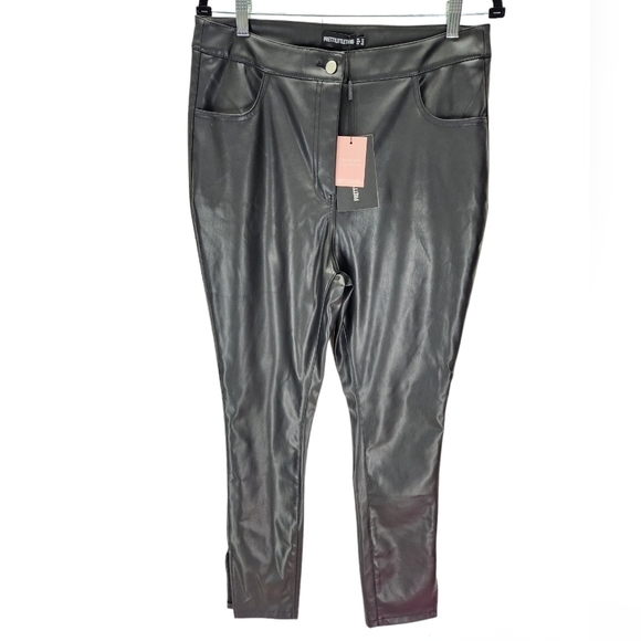 Prettylittlething Leather Pants Womens 10 Black BNWTs Side Slits - Picture 3 of 15